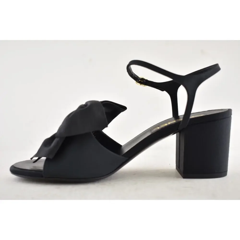 Chanel 24A Black Silk Bow Crystal CC Logo Ankle Strap Block Heel Sandals 42 - Picture 14 of 16